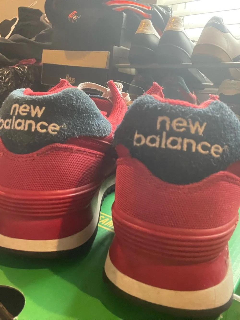 New Balance 574 Red & Navy Canvas Sneakers - Picture 2 of 4